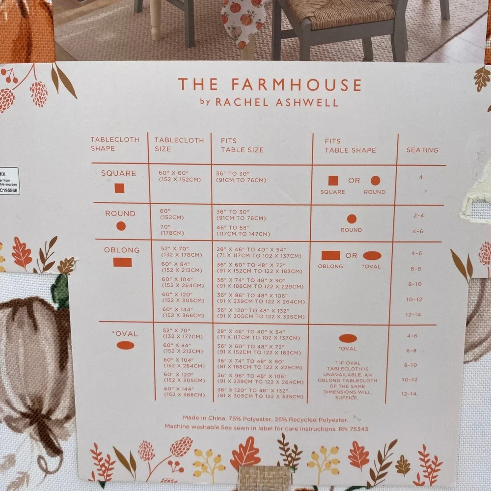 Rachel Ashwell Tablecloth 60x120 White Orange Pumpkin Farmhouse Fall Autumn